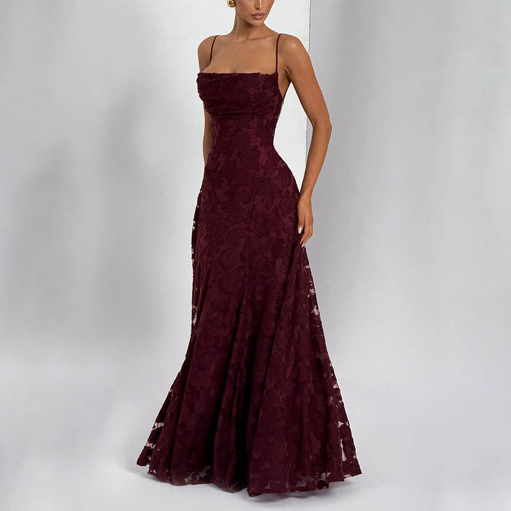 Damen Maxikleid mit floralem Spitzenmuster und schwingendem Rock