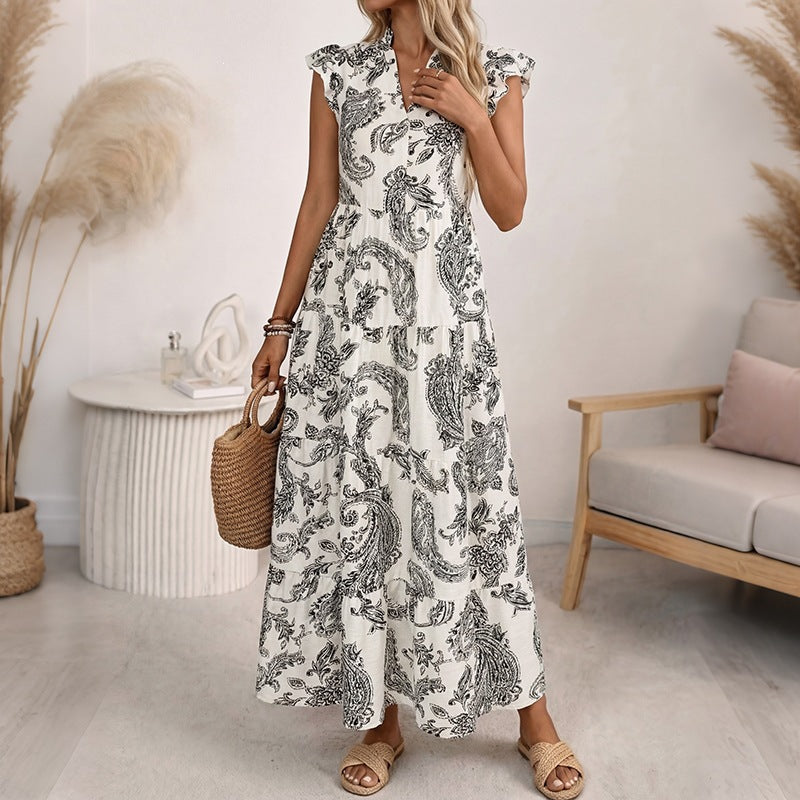 Damen Maxikleid mit Paisley‑Print, V‑Ausschnitt und Stufenrock Shop Nory