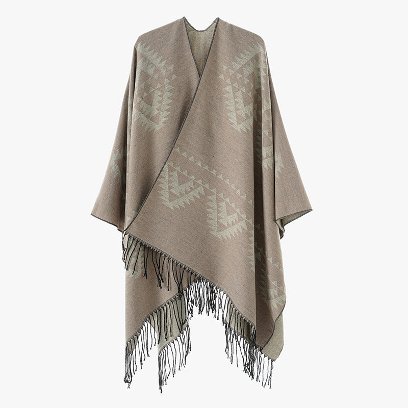 Damen Grobgewebter Jacquard-Umhang im Oversize mit Zipfelsaum und Fransensaum Shop Nory
