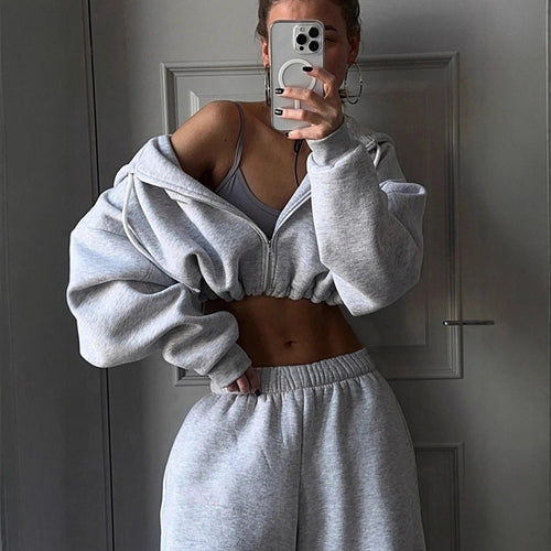 Damen athletisches Cropped-Zip-Hoodie und weite High-Waist Lounge-Jogginghose Shop Nory