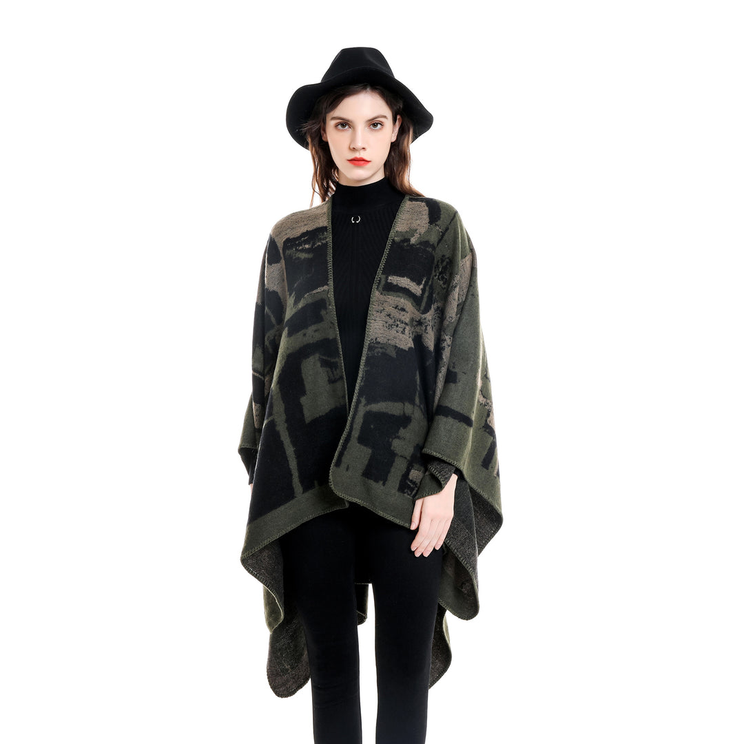 Damen Oversize-Umhangruana aus Wollmix mit abstraktem Jacquard und Zierstichkante Shop Nory