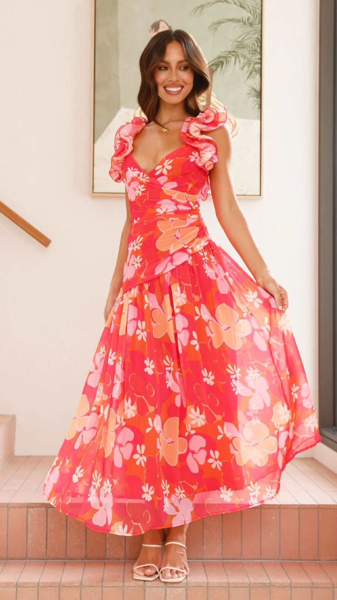 Damen Maxikleid mit eleganten Rüschen und figurbetontem Schnitt