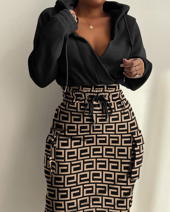 Damen Kapuzen Sweatkleid mit V-Ausschnitt, Kordelzug-Taille und Cargo-Taschen Shop Nory