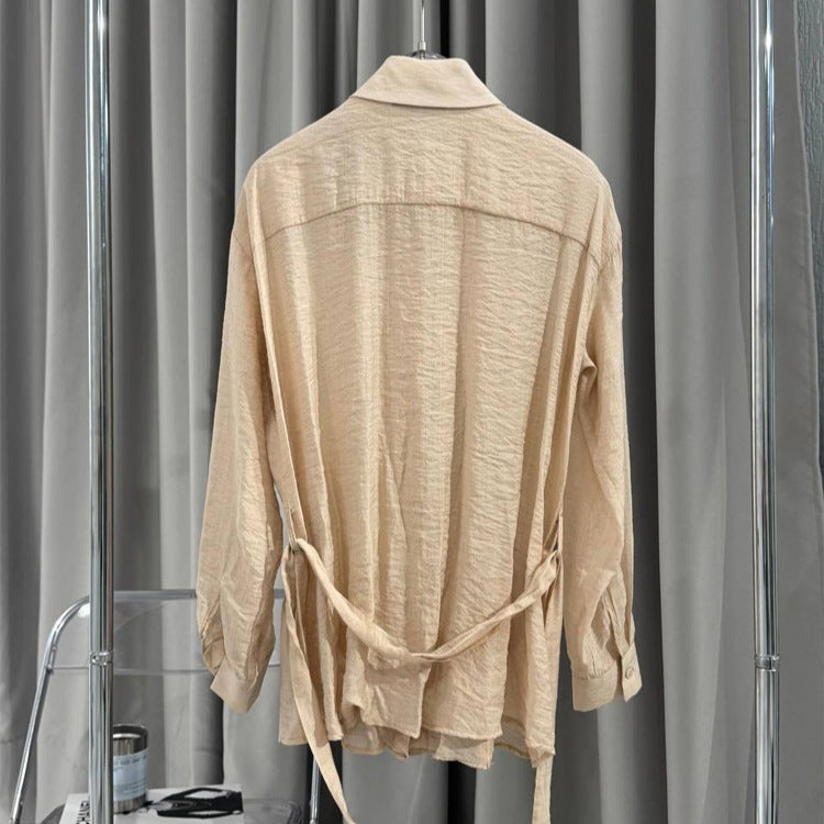 Damen Rüschige Chiffon‑Bluse mit Bindegürtel und Volants Shop Nory