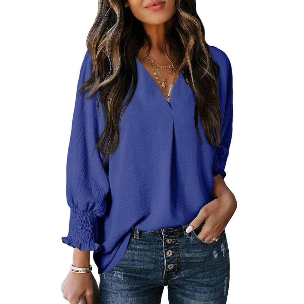 Damen V-Ausschnitt Bluse mit lässigen Ballonärmeln und Rüschendetails