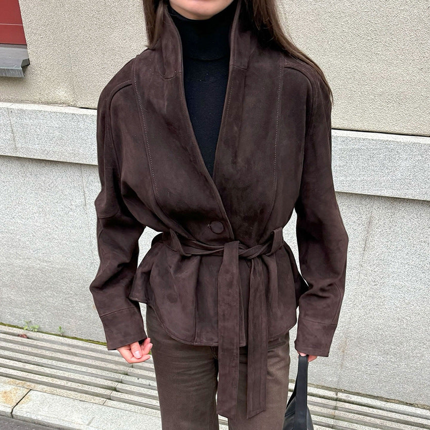 Damen Velourslederjacke mit Schalkragen und Bindegürtel Shop Nory