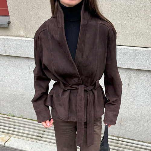 Damen Velourslederjacke mit Schalkragen und Bindegürtel Shop Nory