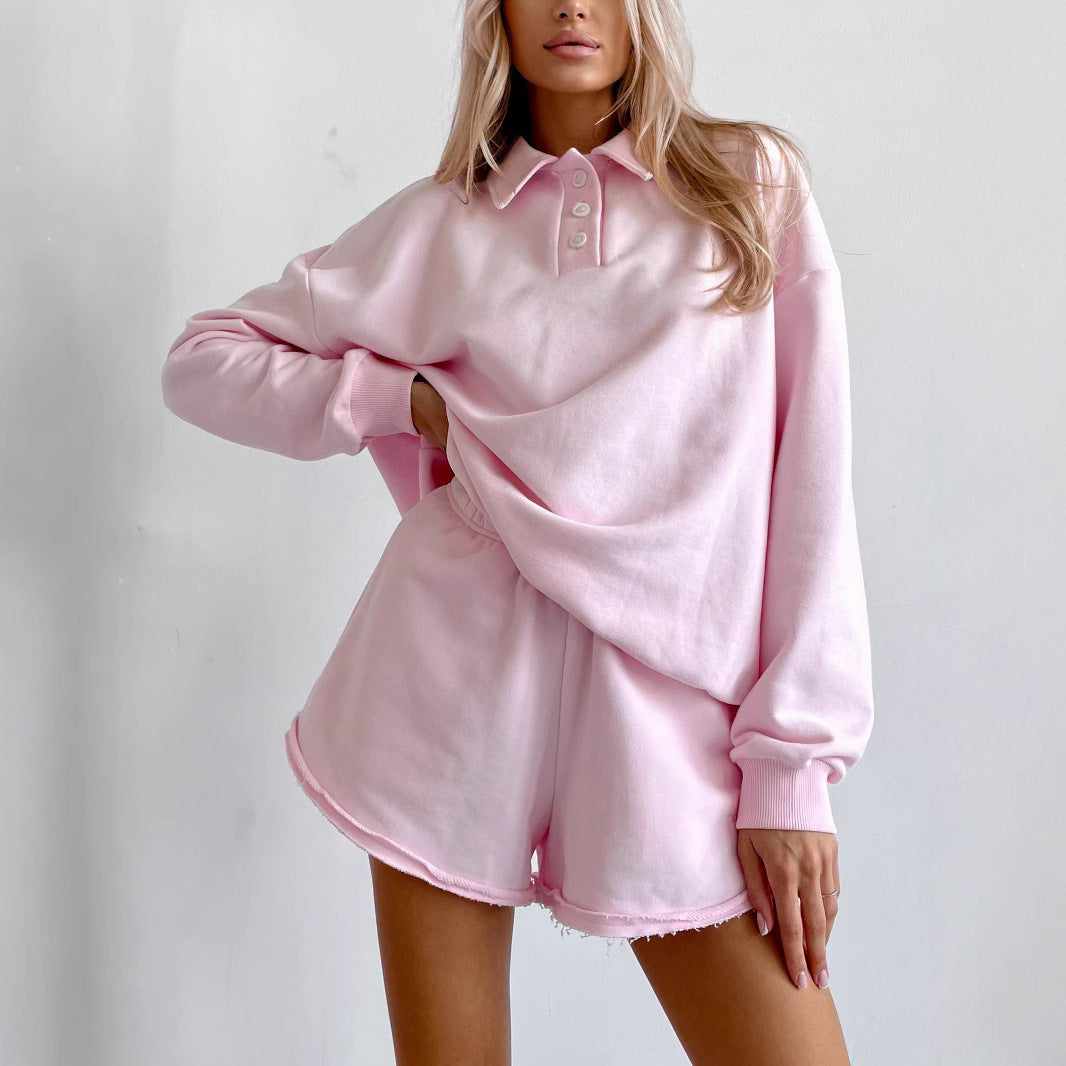 Damen Polo-Sweatshirt und fransige High-Waist Lounge-Shorts Set Shop Nory