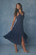 Damen Maxikleid mit nostalgischem Knopfverschluss und verstellbaren Trägern Shopnory