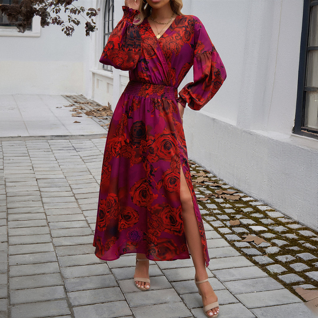 Damen nan Wickelmidikleid mit V-Ausschnitt, Ballonärmeln und taillierendem Gürtel Shop Nory