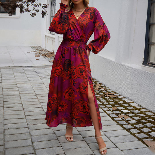 Damen nan Wickelmidikleid mit V-Ausschnitt, Ballonärmeln und taillierendem Gürtel Shop Nory