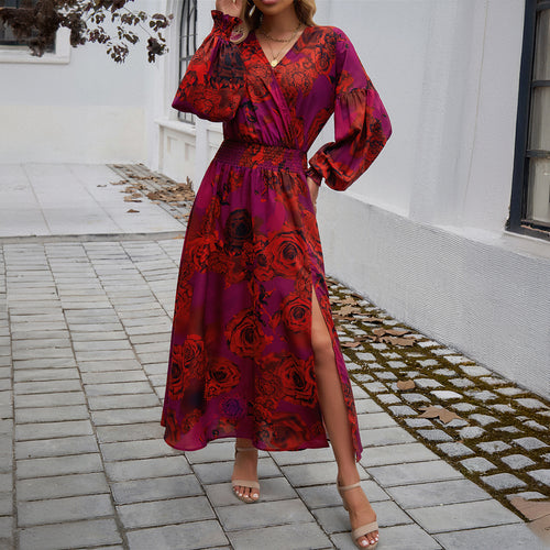 Damen nan Wickelmidikleid mit V-Ausschnitt, Ballonärmeln und taillierendem Gürtel Shop Nory