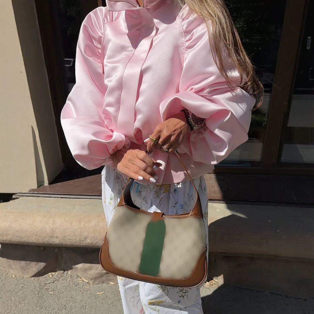 Damen Satin-Blusenjacke mit voluminösen Ballonärmeln, Stehkragen und taillierter Blende Shop Nory