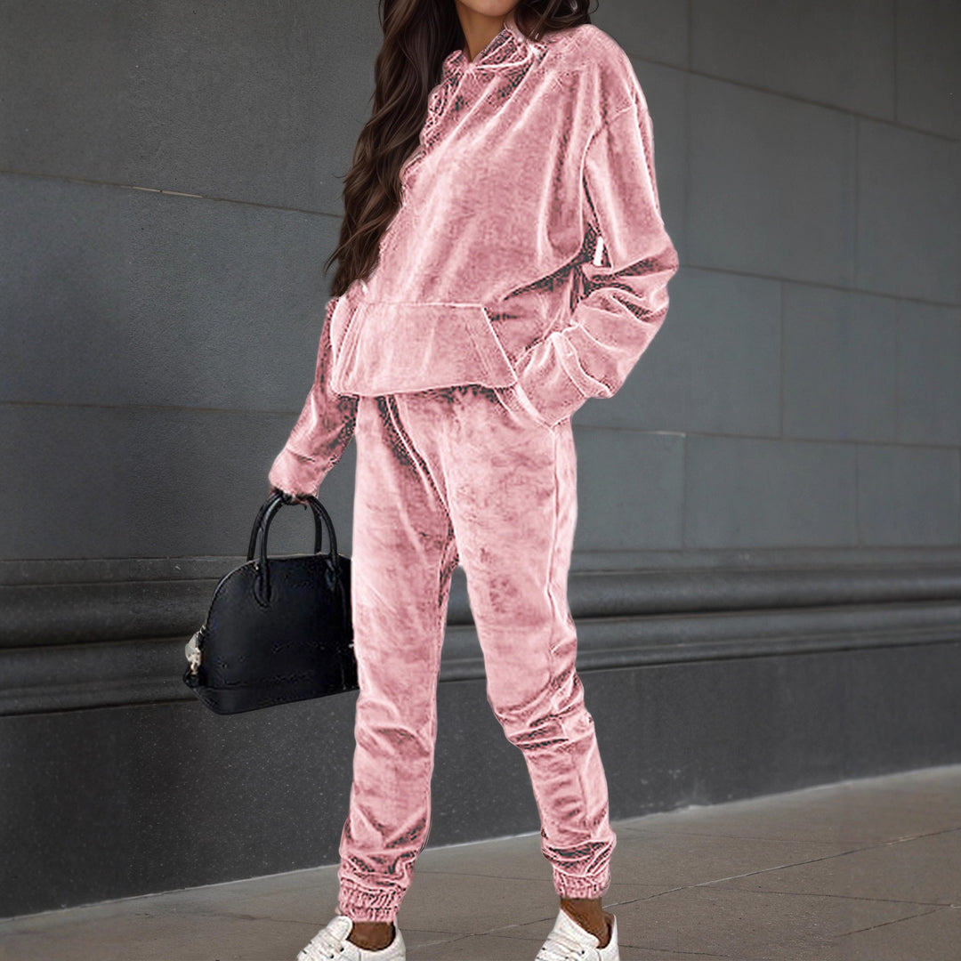 Damen Samt-Jogginganzug mit Kapuzenhoodie, Kängurutasche und elastischer Bündchenhose Shop Nory