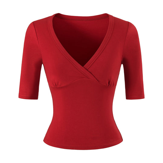 Damen Figurbetontes Wickelshirt mit tiefem V-Ausschnitt, dreiviertelärmeln und Taillenbetonung Shop Nory