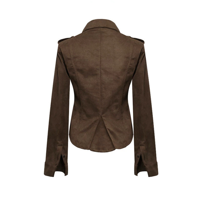 Damen Militärische Velours‑Optik Jacke mit Schulterklappen und Zierriegeln Shop Nory