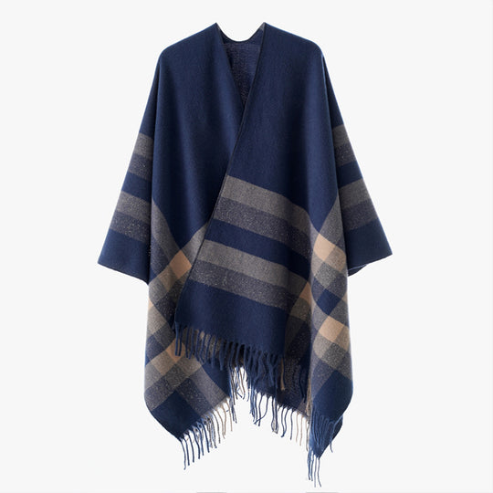 Damen Wollmix-Capeponcho im Oversize-Kimono mit Karomuster und Fransensaum Shop Nory