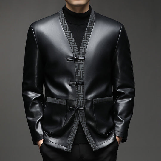 Herren Kunstleder-Sakko im Kimono-Stil mit Jacquardblende und Kordelverschlüssen Shop Nory