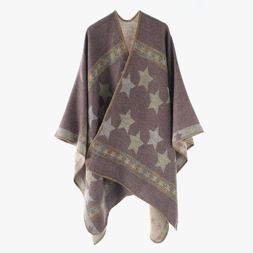 Damen Oversize-Capeponcho aus Wollmix mit zweilagigem Stern‑Jacquard und dekorativer Kettelnaht Shop Nory