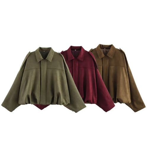 Damen Kurz geschnittene Oversize-Suèdejacke mit Schulterklappen und elastischem Saum Shop Nory