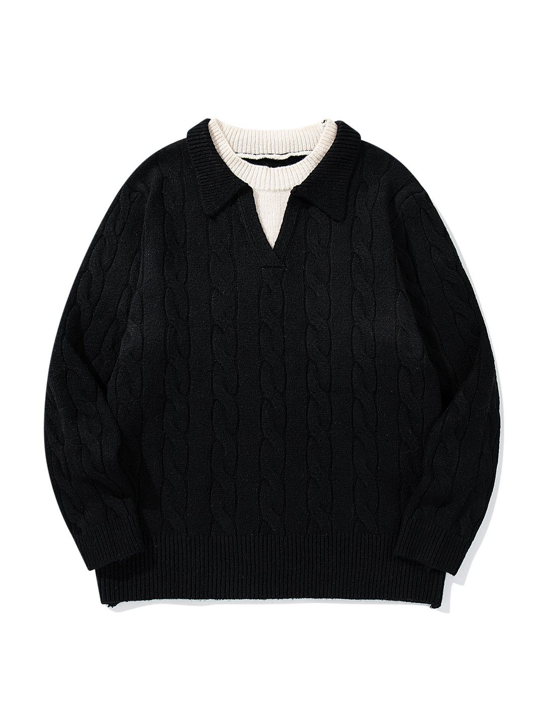 Unisex Strukturiertes Zopfstrick-Pullover mit Polokragen und tiefem V‑Ausschnitt Shop Nory