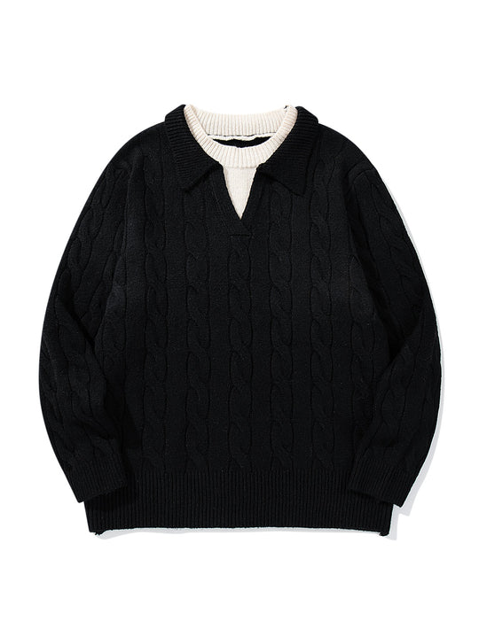 Unisex Strukturiertes Zopfstrick-Pullover mit Polokragen und tiefem V‑Ausschnitt Shop Nory