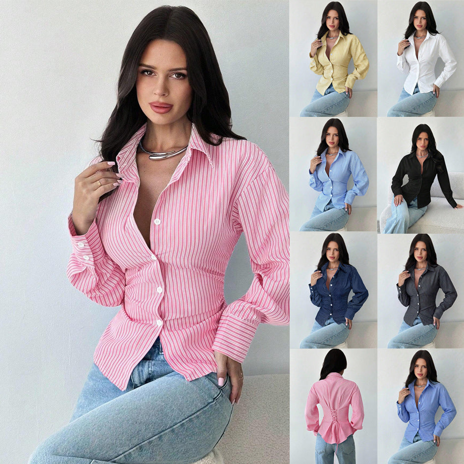 Damen taillierte gestreifte Bluse mit Kentkragen und voluminösen Ärmeln Shop Nory
