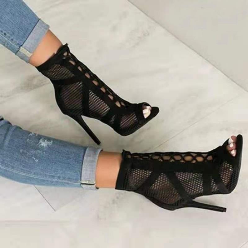 Damen Peeptoe Ankle Boots mit hochmodernem Netzdesign und elegantem Blockabsatz