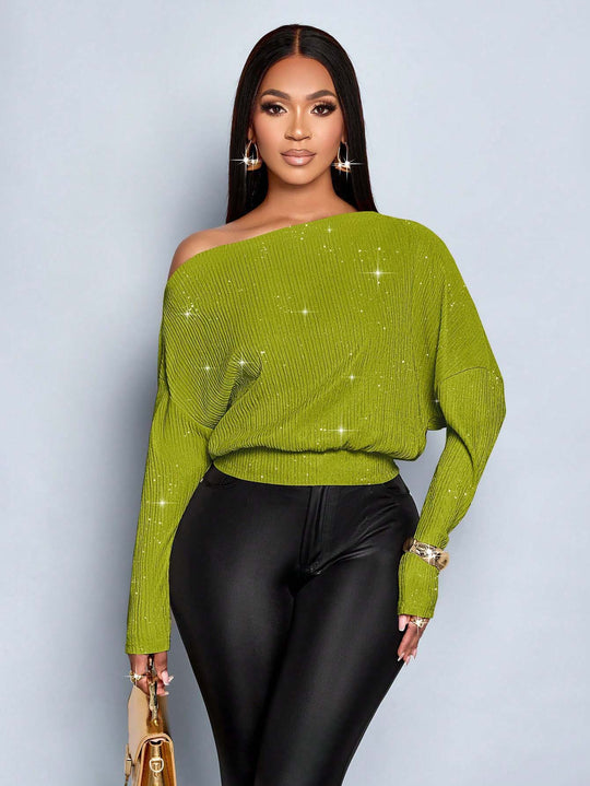 Damen Off-Shoulder Rippstrick-Pullover mit Glitzereffekt und Batwing-Ärmeln Shop Nory