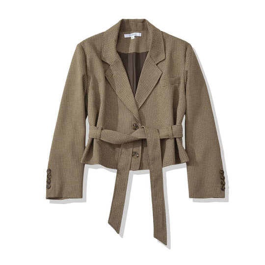 Damen Kurzblazer mit taillierendem Bindegürtel und Hahnentrittmuster Shop Nory