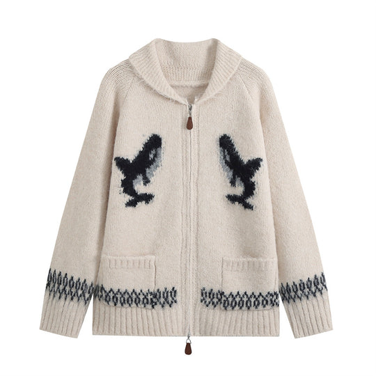 Damen Strickjacke mit Reißverschluss, Schalkragen und Wal‑Intarsien Shop Nory