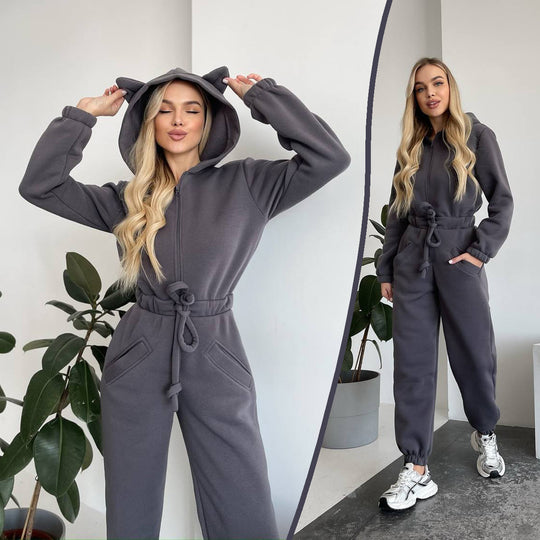 Damen Kuscheliger Kapuzen-Overall mit Katzenohren und Taillenzug Shop Nory