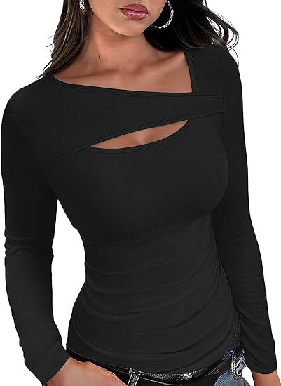 Damen Geripptes Langarmshirt mit asymmetrischem Carmenausschnitt und Brust-Cut-Out Shop Nory