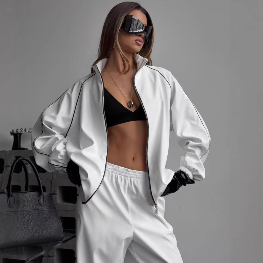 Damen Zweiteiliges Loungewear-Set mit Stehkragen-Zipjacke und weiter Bundfaltenhose Shop Nory