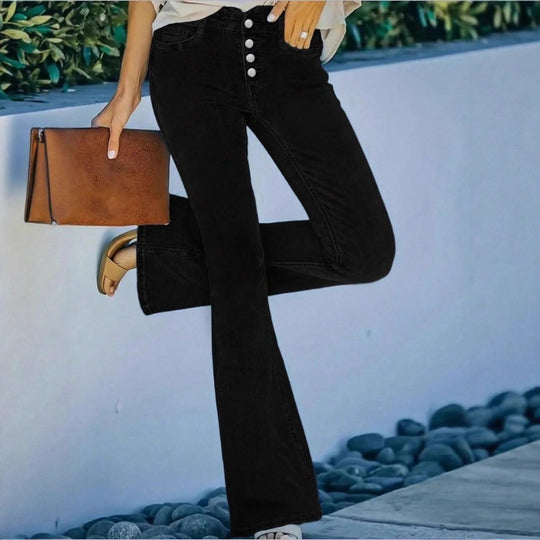 Damen taillenhohe Schlagjeans mit dekorativer Knopfleiste und sculptendem Sitz Shop Nory