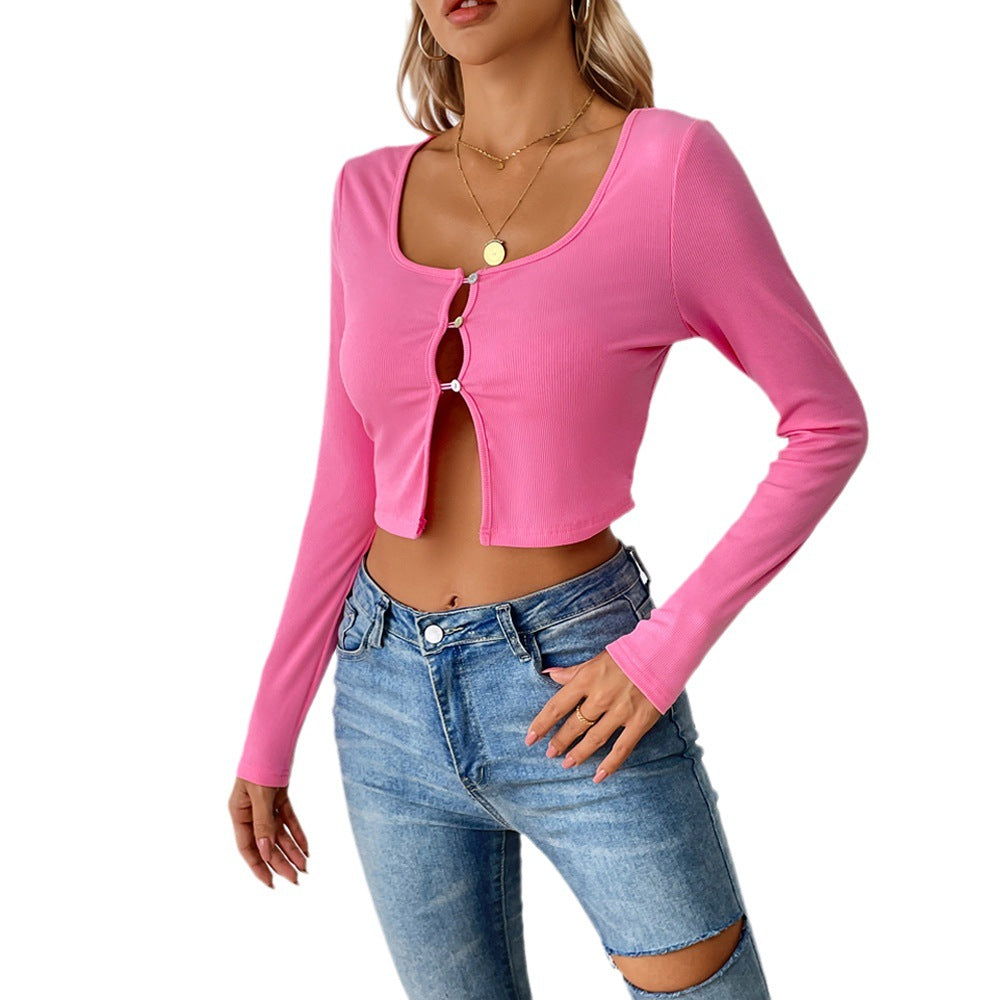 Damen bauchfreies geripptes Cropped-Cardigan mit frontalen Cutouts und Zierösen Shop Nory