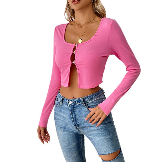 Damen bauchfreies geripptes Cropped-Cardigan mit frontalen Cutouts und Zierösen Shop Nory
