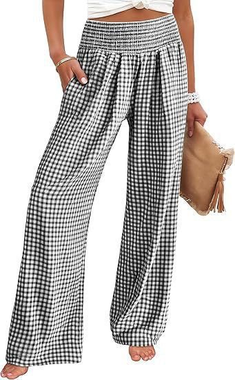 Damen Leichte Palazzo‑Hose mit Smokbund, weitem Bein und Karo‑Print Shop Nory