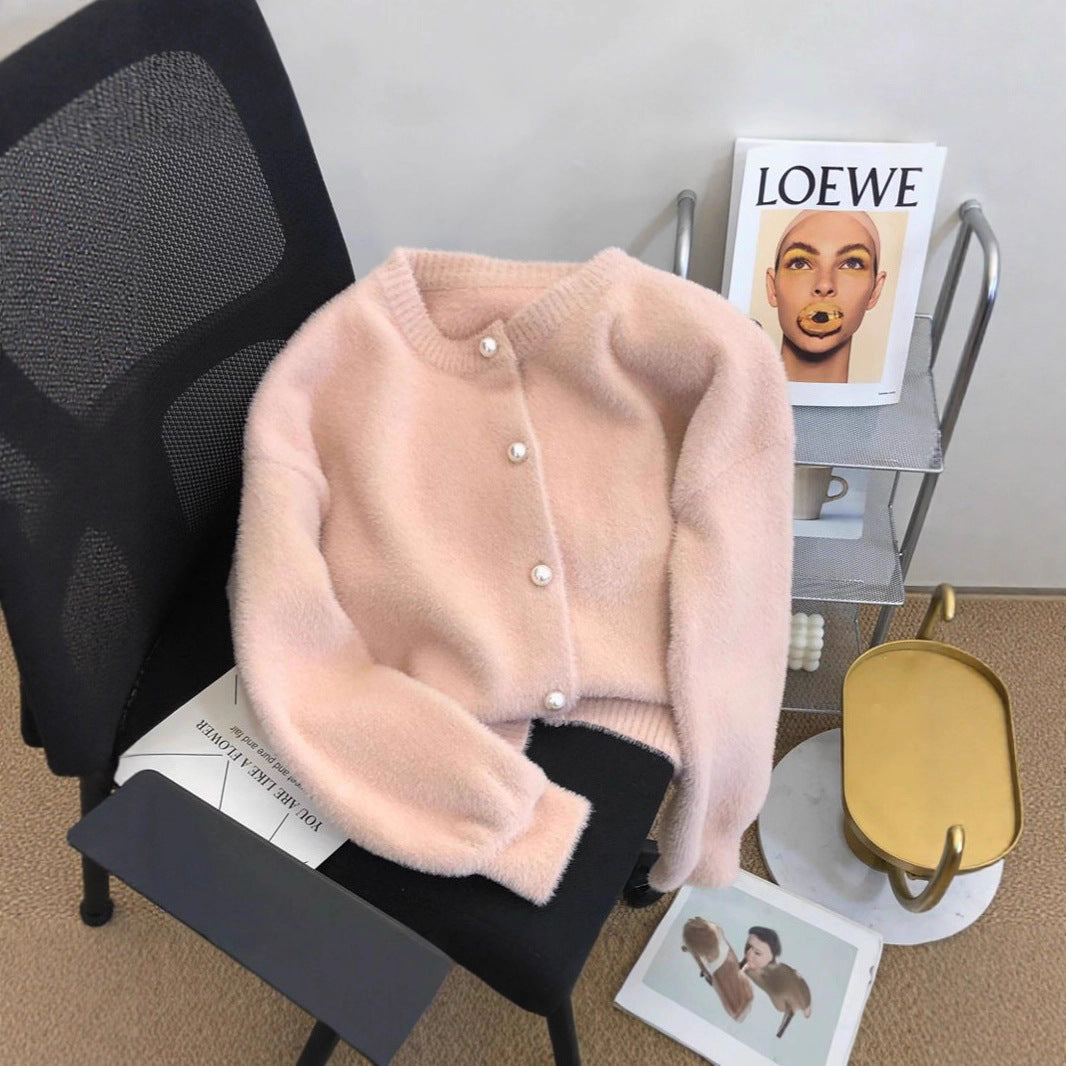 Damen Flauschige Strickjacke mit Perlenknöpfen Shop Nory