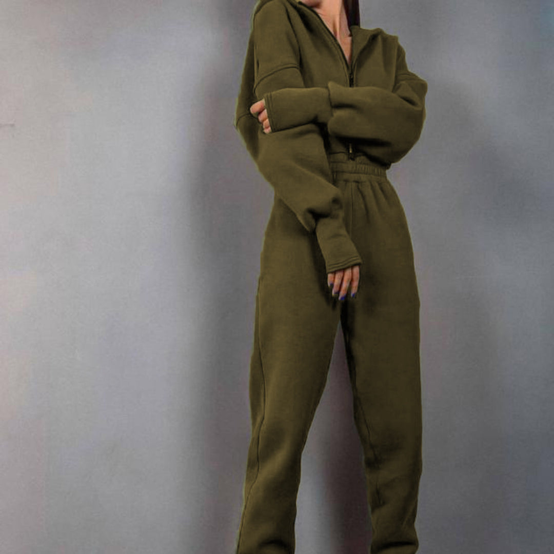 Damen taillierter Kapuzen-Jumpsuit mit elastischem Bund und markanten Kontrast-Reißverschlüssen Shop Nory