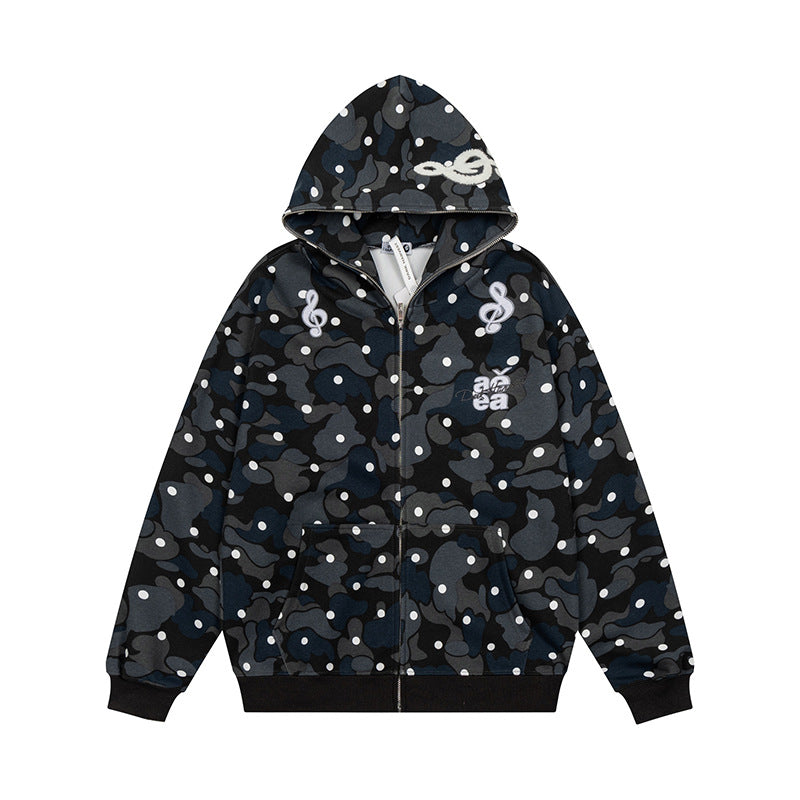 Damen Kapuzen-Sweatjacke mit Camouflage-Allover, Notenstickerei und durchgehendem Reißverschluss Shop Nory