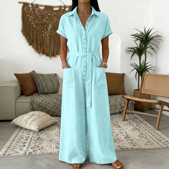 Damen Hemdblusen-Jumpsuit mit weitem Bein, Aufgesetzten Taschen und Bindegürtel Shop Nory
