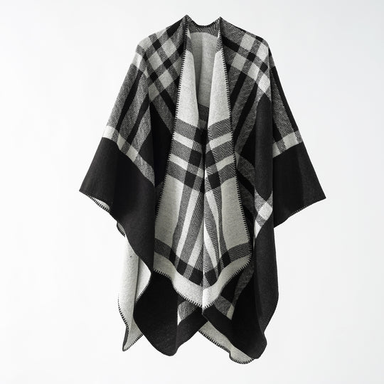 Damen Wendbarer Wollmix-Poncho mit geometrischem Karomuster und Ziernaht Shop Nory