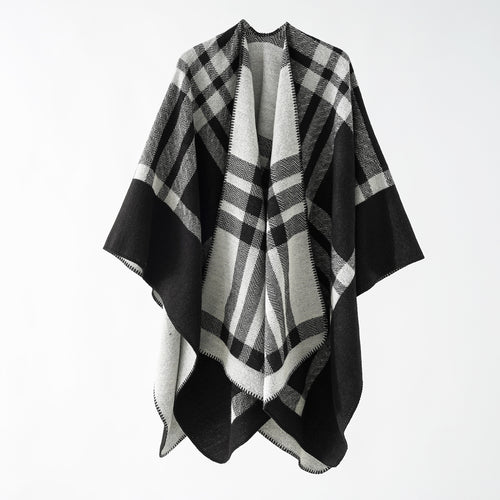 Damen Wendbarer Wollmix-Poncho mit geometrischem Karomuster und Ziernaht Shop Nory