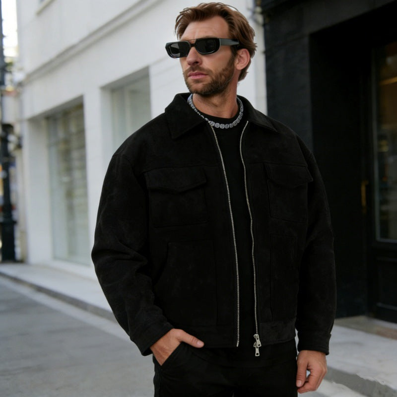 Herren nan oversized Velourslederjacke mit Reißverschluss, Hemdkragen und aufgesetzten Pattentaschen Shop Nory