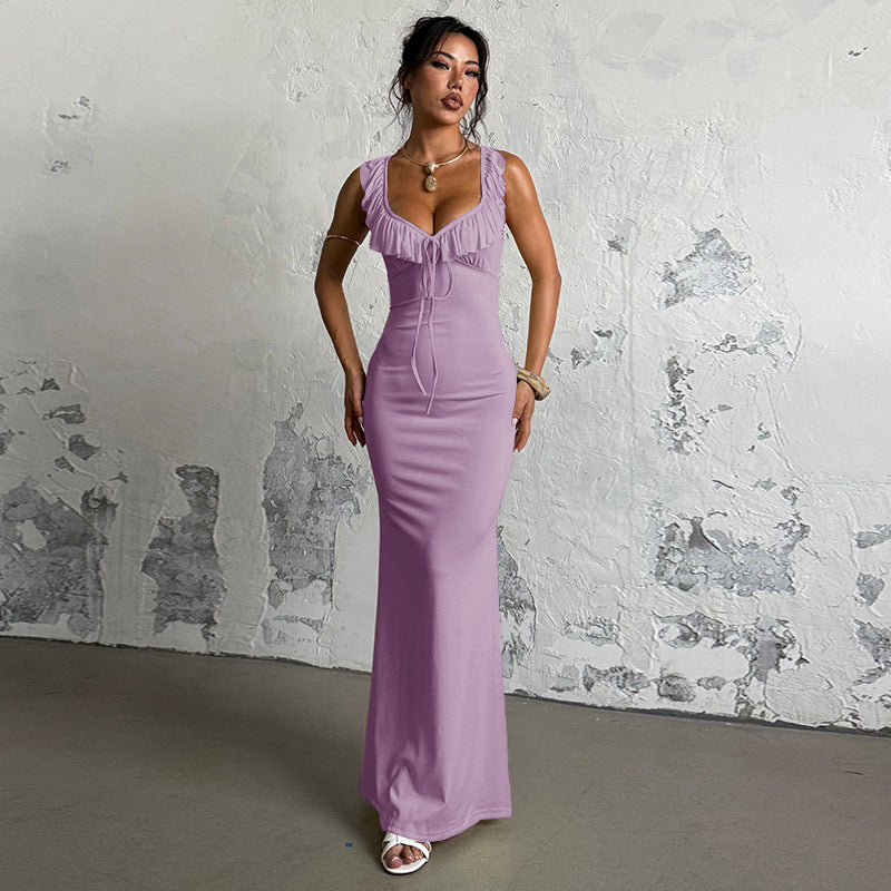 Damen figurbetontes Maxikleid mit Rüschendetails und V-Ausschnitt