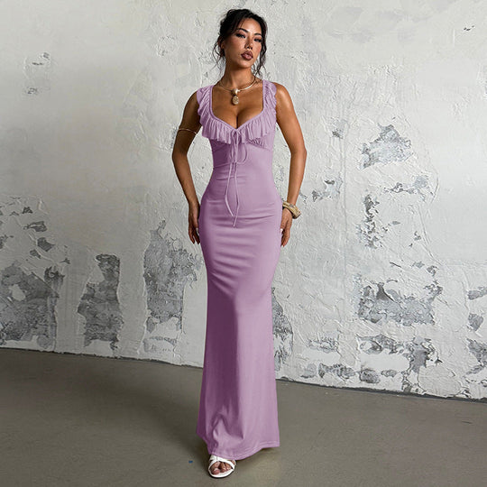 Damen figurbetontes Maxikleid mit Rüschendetails und V-Ausschnitt