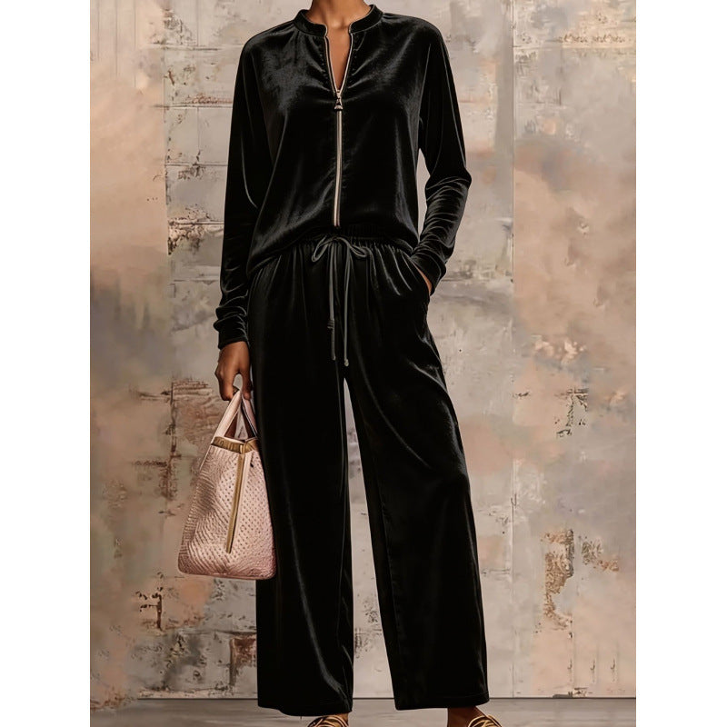 Damen Samt-Lounge-Set mit Stehkragen, Halbreißverschluss und weitem Palazzohose Shop Nory