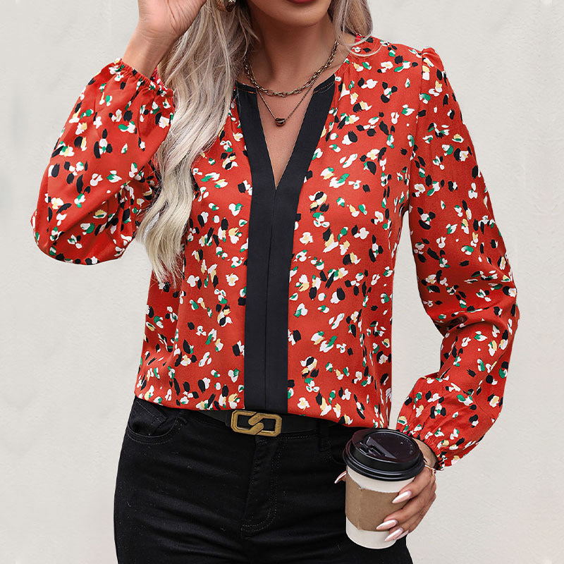 Damen Leichtfallende V‑Ausschnitt-Bluse mit kontrastierter Zierblende und elastischen Manschetten Shop Nory