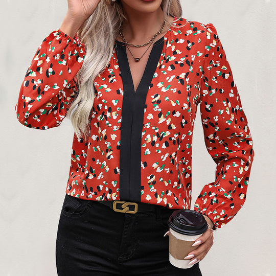 Damen Leichtfallende V‑Ausschnitt-Bluse mit kontrastierter Zierblende und elastischen Manschetten Shop Nory